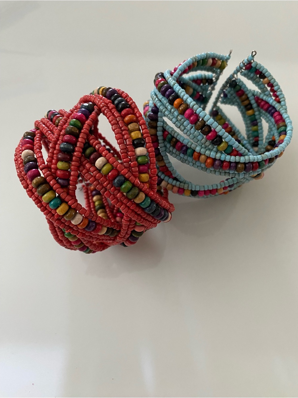 Two Multicolored Beaded Wrap Bracelets - Turquoise & Coral - Picture 3 of 11